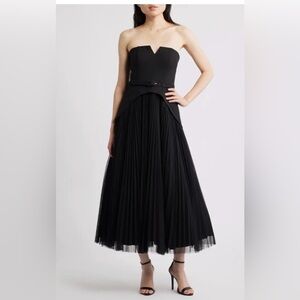 Hutch Strapless Black Pleated Tulle Midi Dress